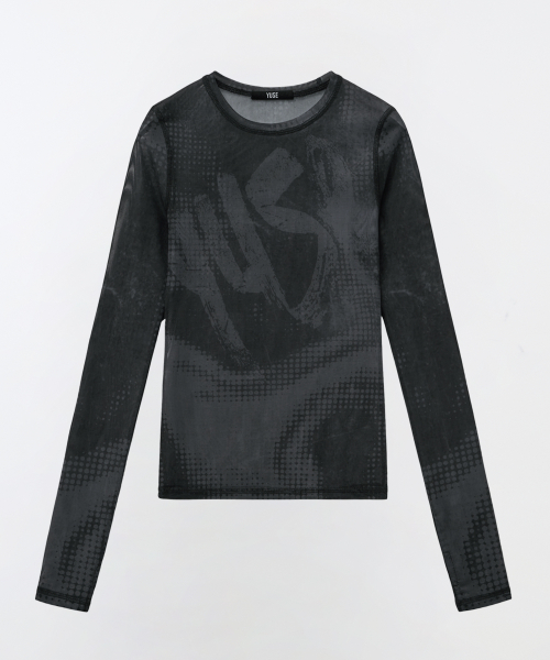 MUSINSA | YUSE MESH FULL PRINTED LONG SLEEVE T-SHIRT - BLACK