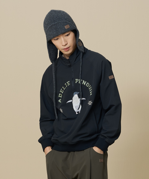 비비씨 어스() 펭귄 우븐패치 하프 집업 맨투맨_Black 상품 이미지