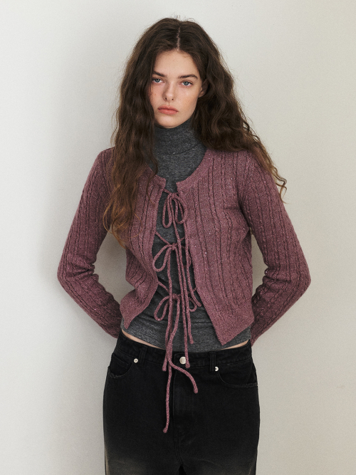 Cable Ribbon Knit Cardigan, Purple