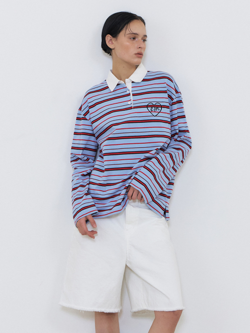 Love Stripe Collared T-Shirt, Sky Blue