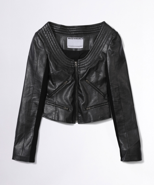 Portrait Neck Faux Leather Jacket Black