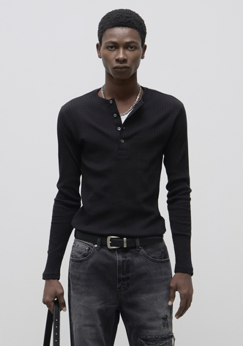 Slim Fit Henley вырез Jersey длинный рукав - черный