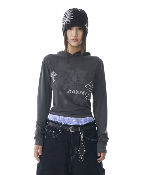 tシャツ 「AAKAM」Studded Cross Hooded Long Sleeve レディース セール】【AAKAM】Studded Cross Hooded Long Sleeve（Tシャツ