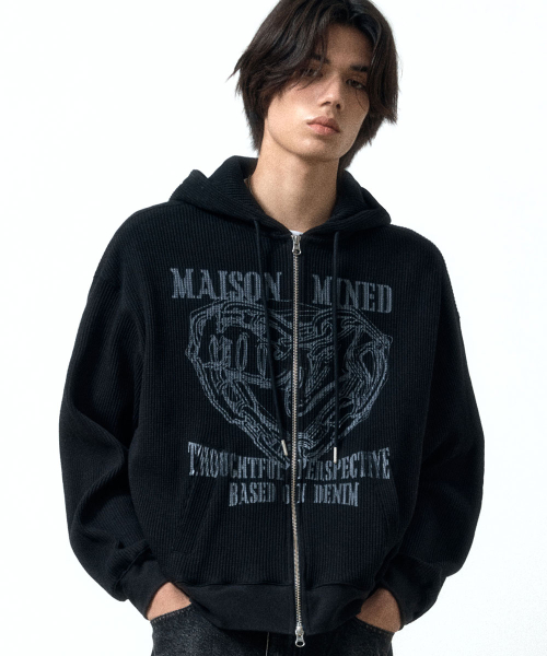 MUSINSA | MAISON MINED DOODLE HEART WAFFLE ZIP UP HOODIE BLACK