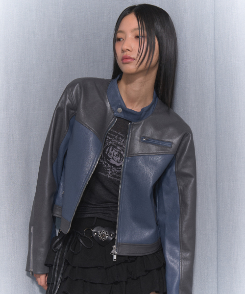 MUSINSA FANCY CLUB NF Block Panel Leather Jacket BLUE FZA940