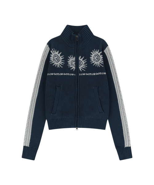 Sun Jacquard Zip-Up Sweater (Navy)