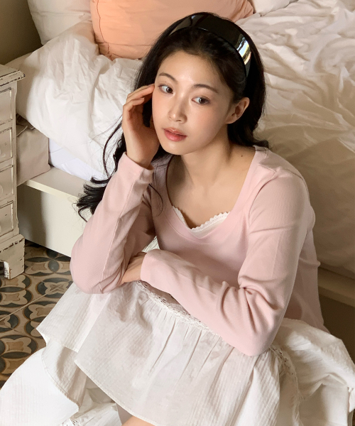 레터프롬문() 마레니 레이스 레이어드 티셔츠 ( 핑크 ) 상품 이미지