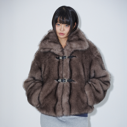MUSINSA | LALAFOX STRAP BUCKLE FUR JACKET GREY BQ4FJ001