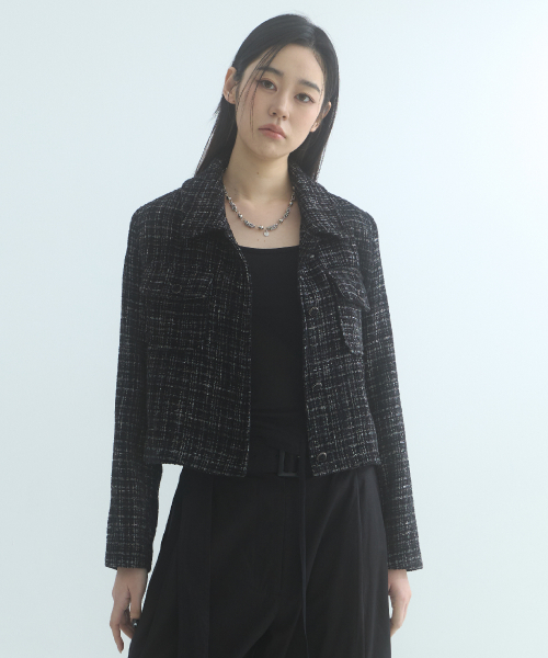 Collar Tweed Single Jacket - Black
