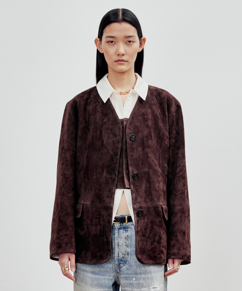 Collarless Goat Suede Jacket (Chocolate Brown)