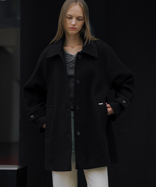 Wide collar wool blend half a-line coat_Black