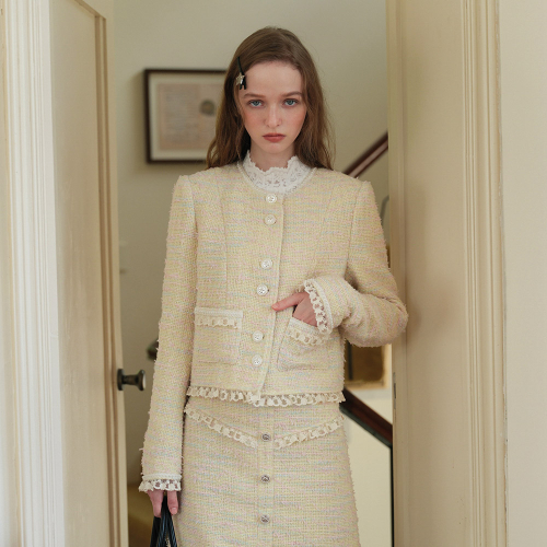 Cest_Creamy lace tweed jacket