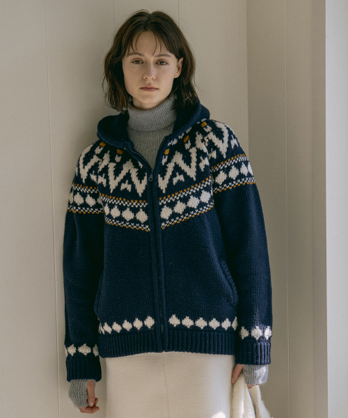 KN4242 Nordic knit hood zip-up_Navy