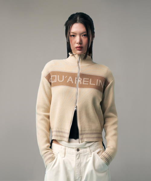 Basic Logo Jacquard Knit Zip-up_Beige