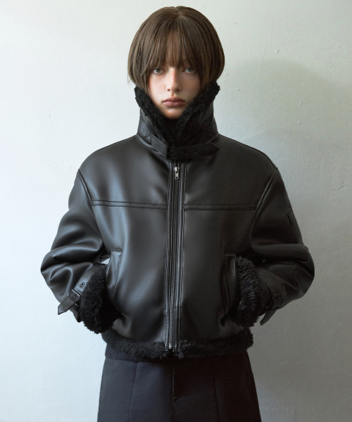레더리 오블리크 오버핏 레더 무스탕 자켓 [ALL BLACK]