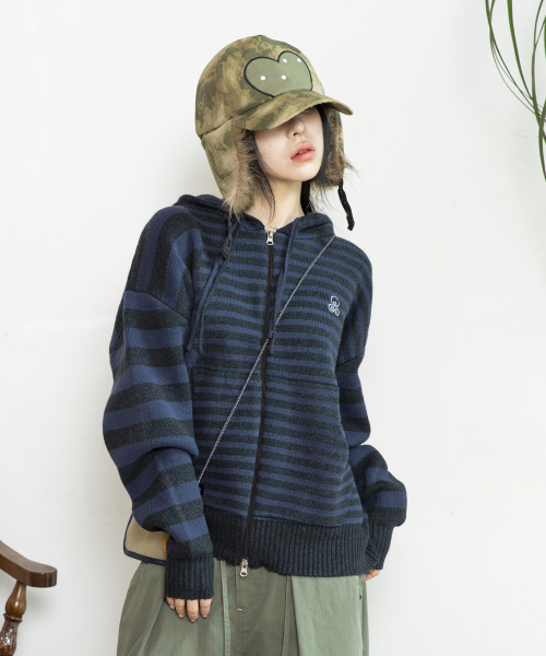 Асимметричный трикотажный худи на молнии в полоску WXK008 (NAVY)