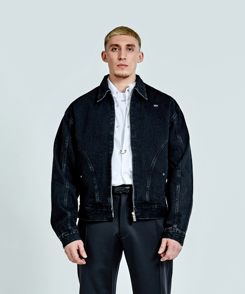 Bulky zipper denim Jacket Washed black