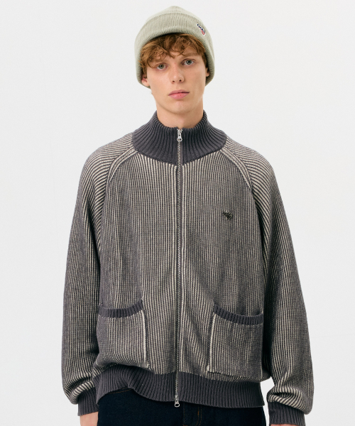 LOGO TWO TONE KNIT ZIP-UP [CHARCOAL]
