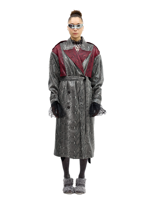 Faux-Snake Print Trench Coat