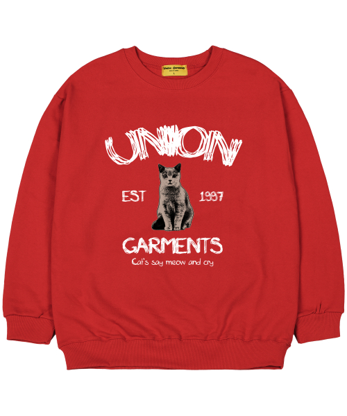 유니온가먼츠(UNION GARMENTS) [기모]유니온캣 오버핏 맨투맨 티셔츠 레드 - 사이즈 & 후기 | 무신사