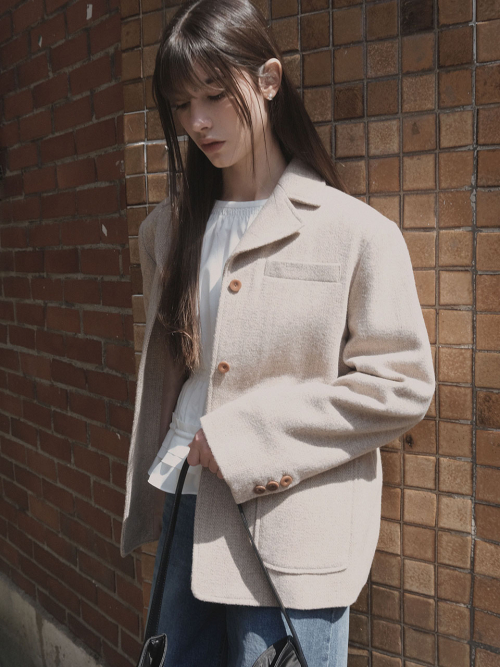 Однобортный твидовый жакет из шерсти (Nut Beige)