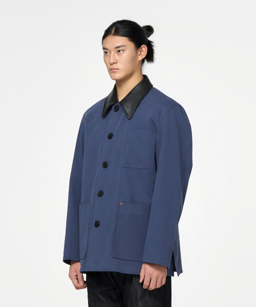 BIO WASHING LEATHER COLLAR WORKWEAR JACKET_NAVY
