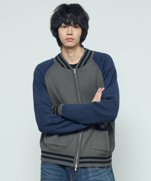 BASEBALL KNIT ZIP UP CARDIGAN (OLIVE & NAVY)