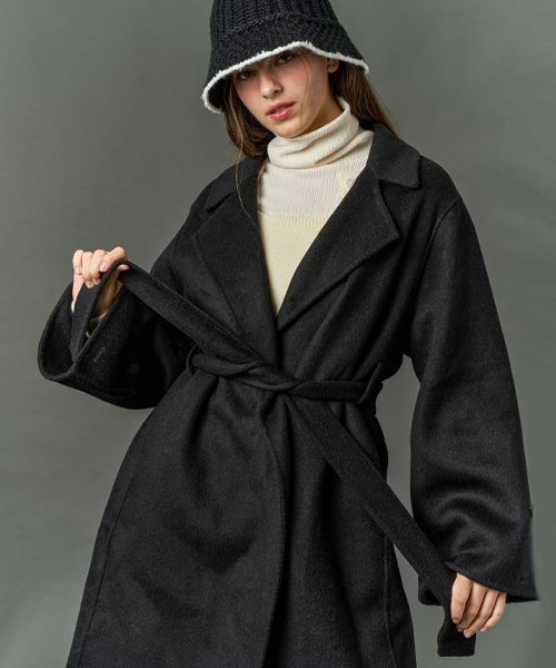 Длинное шерстяное пальто оверсайз с поясом [Black]