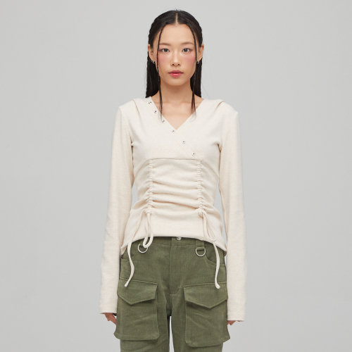 V NECK SHIRRRING HOODIE OATMEAL BQ4CL026