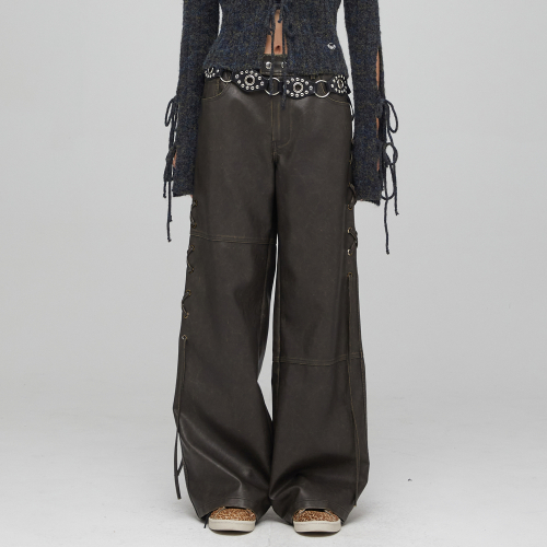 FAKE LEATHER RIBBON POINT WIDE PANTS BLACK BQ4LP001
