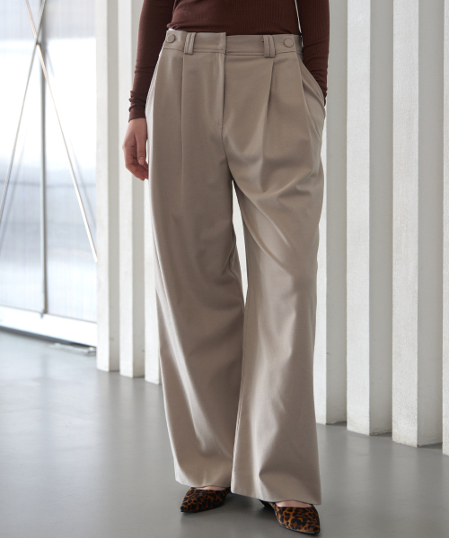 Wool Blend Side Button Pintuck Elastic Pants Beige