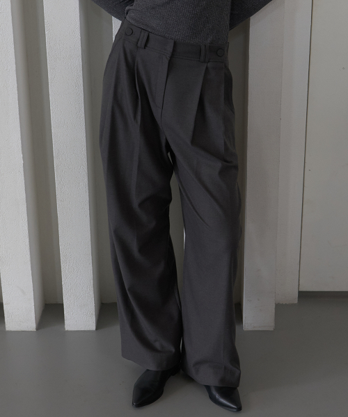 Wool Blend Side Button Pintuck Elastic Pants Charcoal