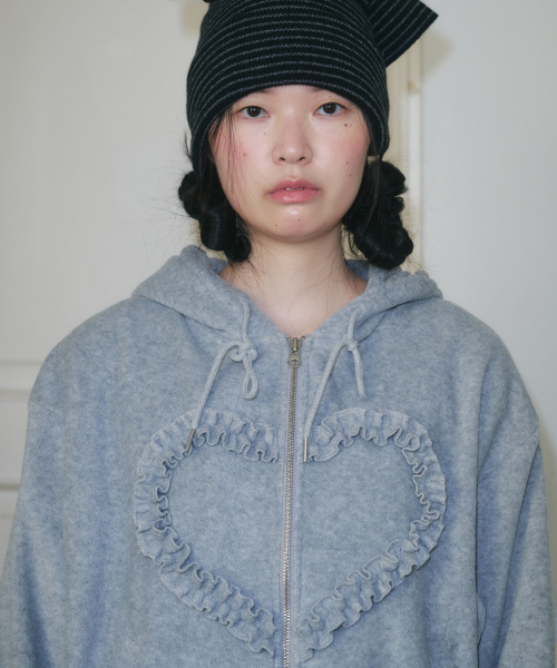 펀프롬펀(FUNFROMFUN) FRILL HEART HOODIE, LIGHT GREY - 사이즈