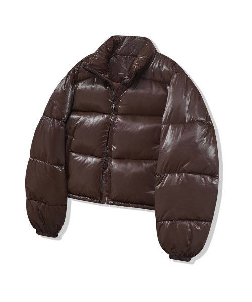 Короткий глянцевый пуховик 85-VIVA043 с высоким горлом Brown