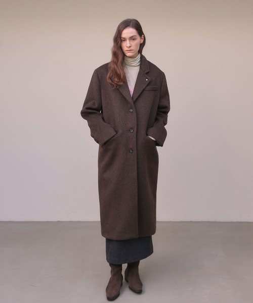 Stud wool long coat [ Brown ]