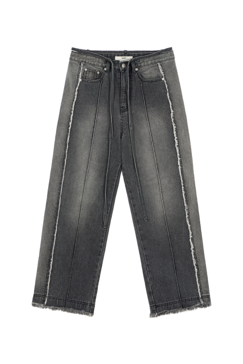 韓国商品/DEINET STRING BELT RAW EDGE JEANS 다이닛(DEINET) STRING BELT RAW EDGE JEANS IN BLACK - 사이즈