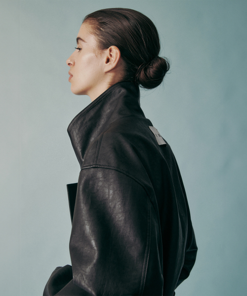 UNISEX FUNNEL NECK TIE WAIST VEGAN LEATHER JACKET