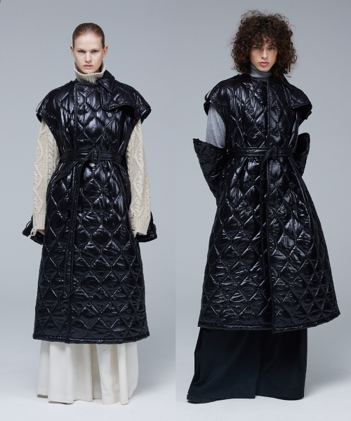 Glossy quilting off-sleeve trench coat