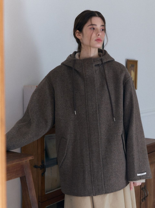 hood На молнии handmade Полу coat_brown Herringbone