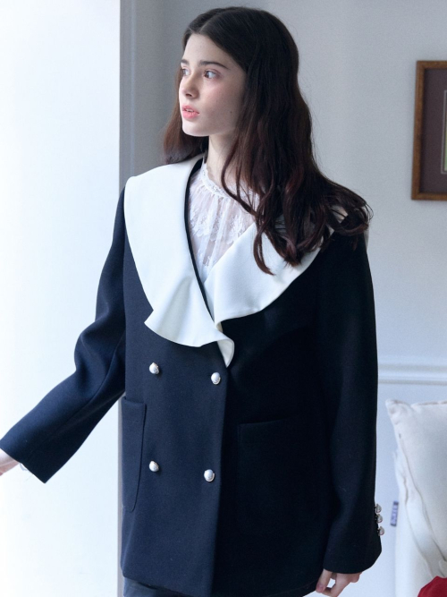 wool coloring sailor Воротник Полу coat_black