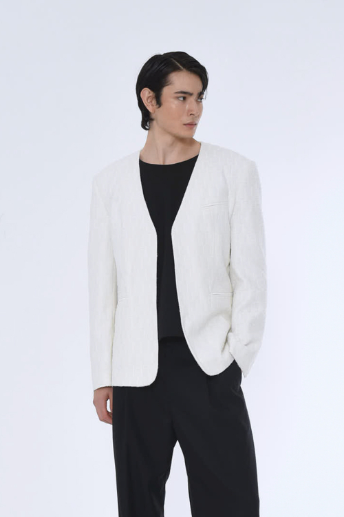 MENS COLLARLESS TAILORED JACKET_WHITE