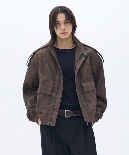 SHERIFF DOUBLE POCKET LEATHER JUMPER BROWN
