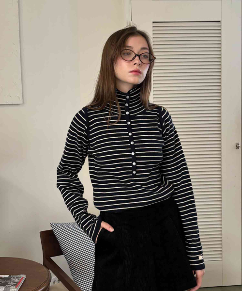 Stripe button knit (black)