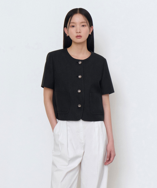WOMENS ROUND NECK TWEED CROP SHORT-SLEEVE JACKET [BLACK]