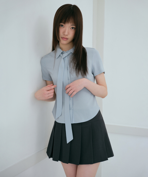 WOMENS SLIM FIT TIE SHORT SLEEVE BLOUSE [CLOUDY BLUE]
