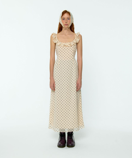 루루서울(LOULOUSEOUL) Shy Dot Frill Long Dress (Cream