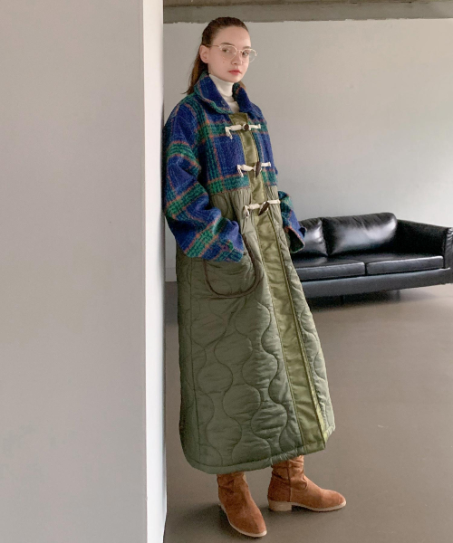 Check Mixed Quilting длинный Duffel пальто