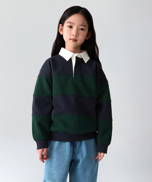 오버사이즈 스트라이프 럭비 스웨트셔츠 [네이비/딥 그린]