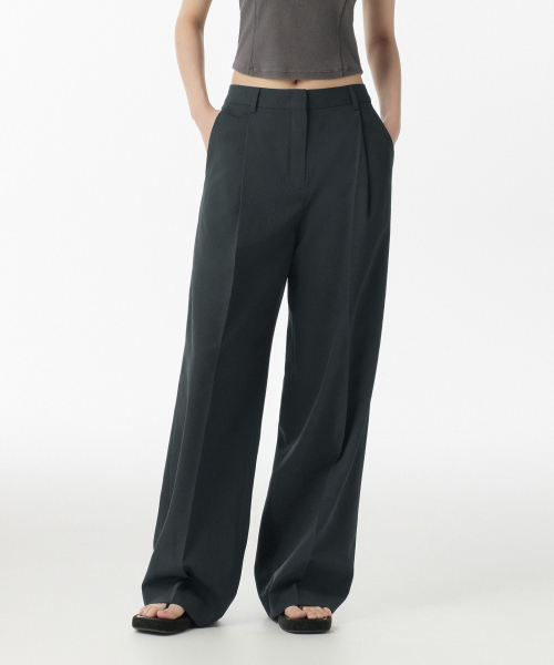 WOMENS COOL TOUCH LOW WAIST DEEP TUCK WIDE SLACKS [DARK GREY]