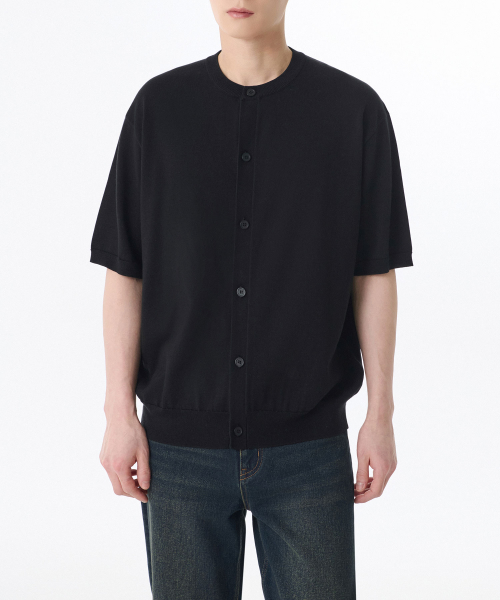COTTON TENCEL ROUND NECK HALF SLEEVE CARDIGAN [BLACK]